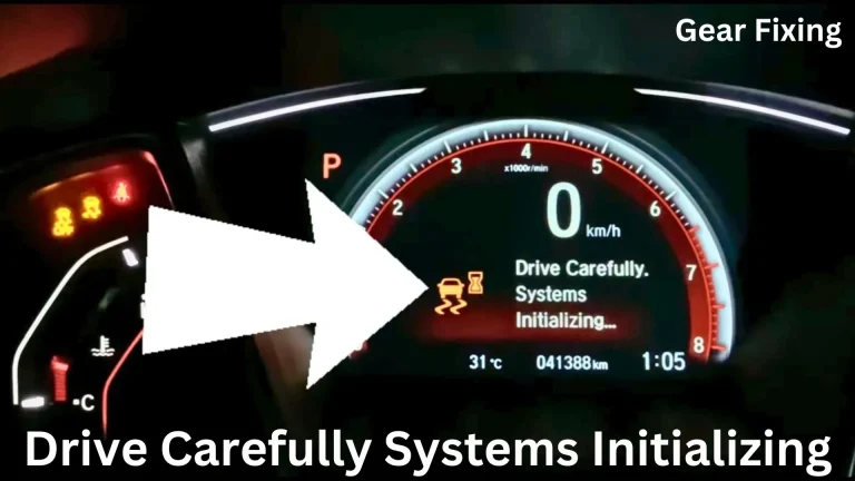Car dashboard showing drive carefully systems initializing warning.