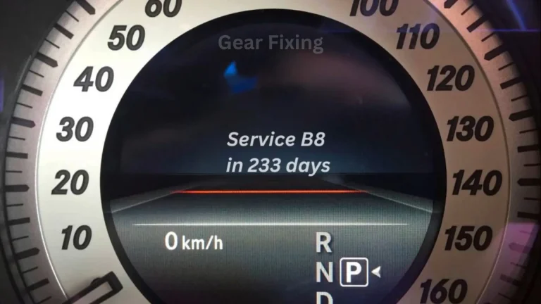 Speedometer showing 'Service B8 in 233 days' notification.